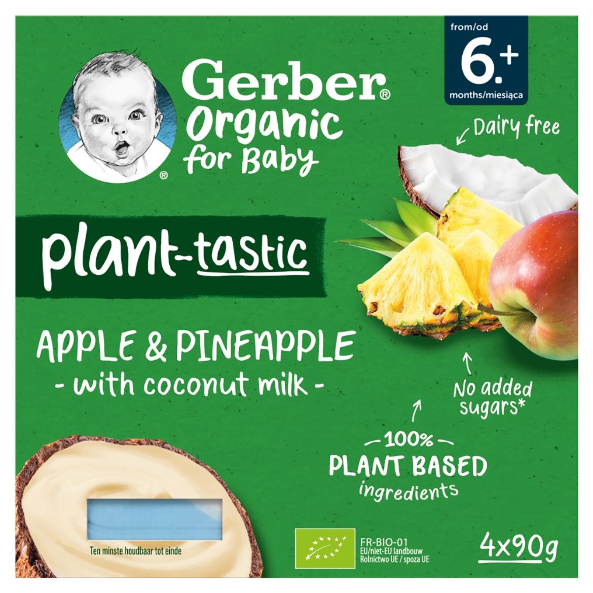 Gerber Organic kókusztej alapú alma-ananász ízű bio babadesszert 6 hónapos kortól 4 x