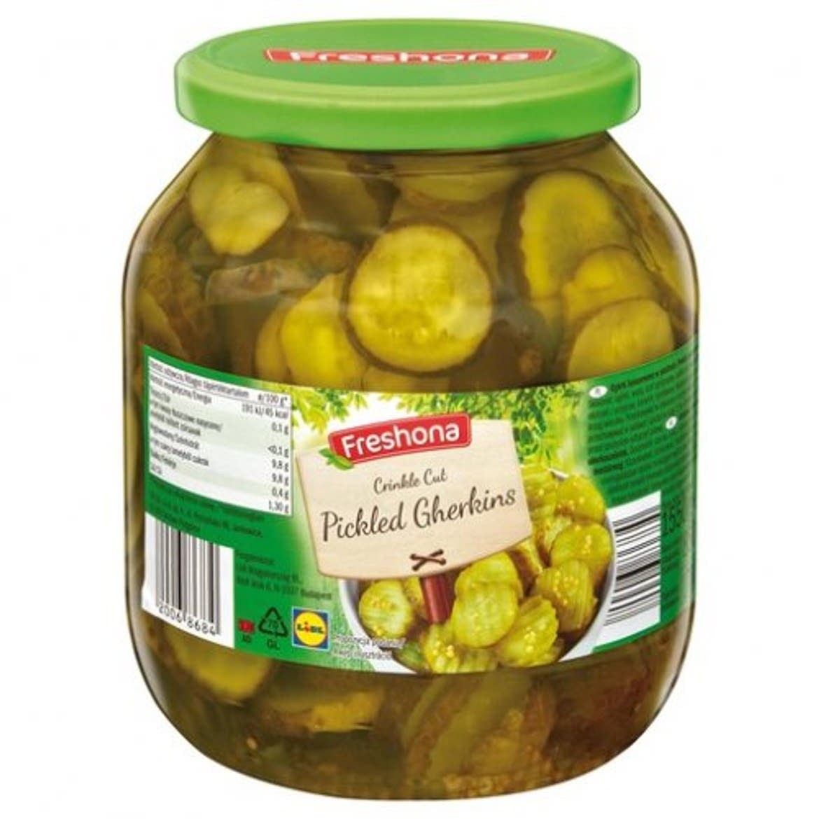 Freshona, Uborkaszeletek hullámos, 1550 g / 850 g