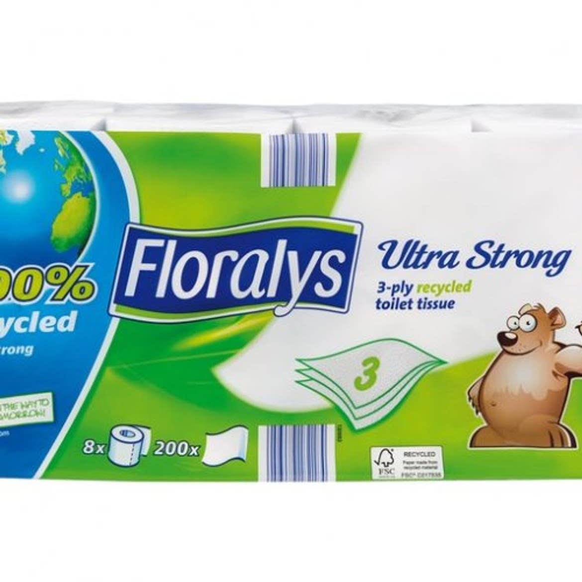 Floralys Toalettpapír Ultra strong újrahasznosított 3 rétegű 8 tekercs, 8 db