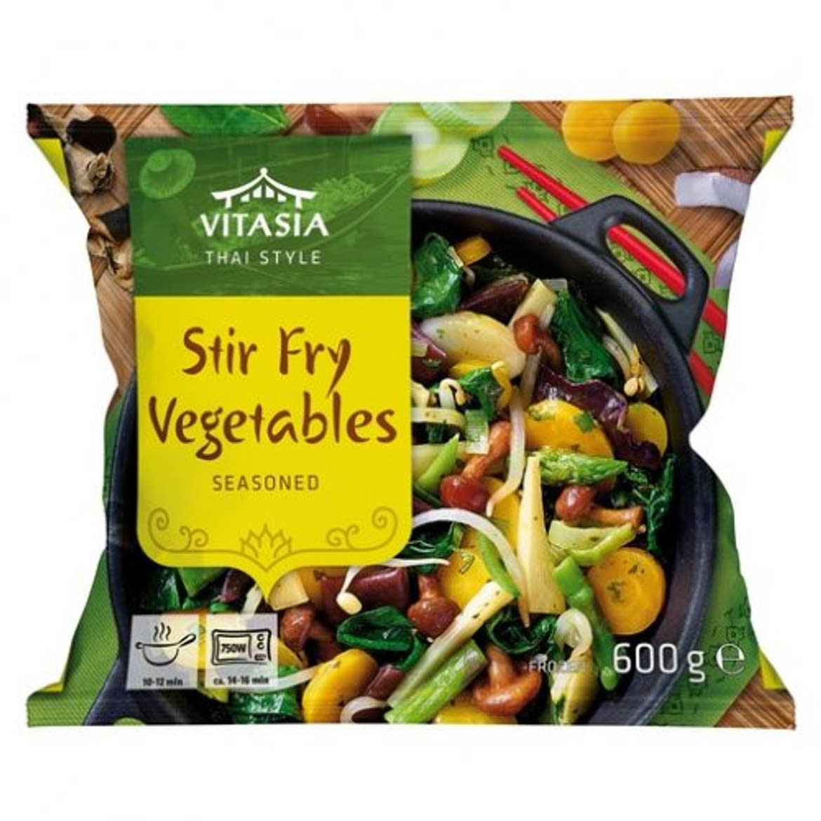 Vitasia Wok zöldségmix thai stílusú zöldségkeverék gombákkal kókuszos szósszal, fagyasztott, 600 g