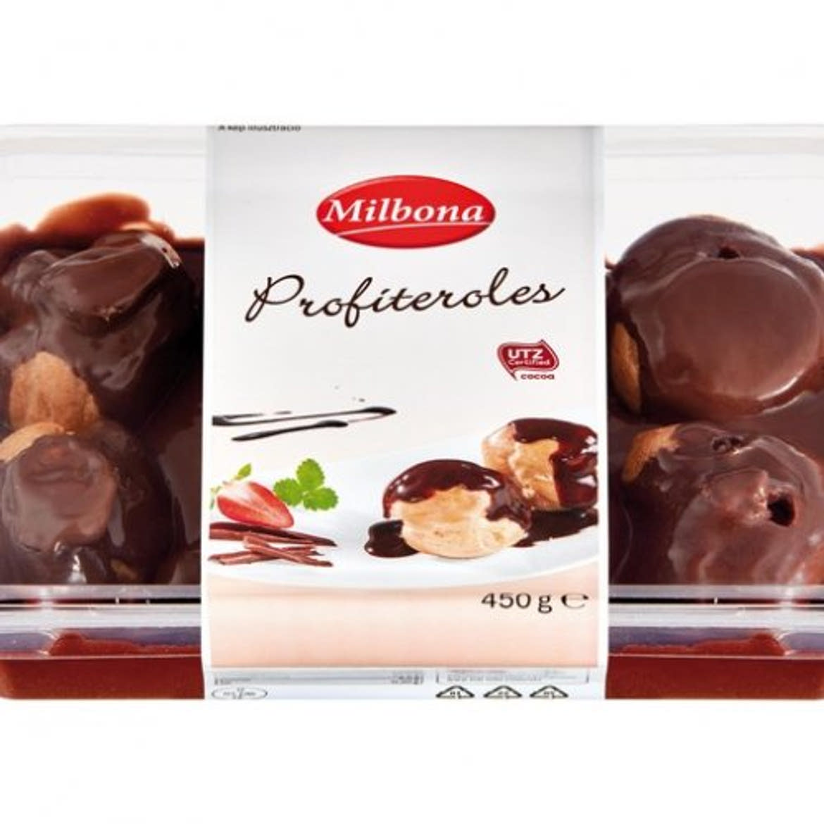 Milbona Profiterol desszert, cukrászkrémmel töltött égetett tészta kakaós krémmel, 450 g