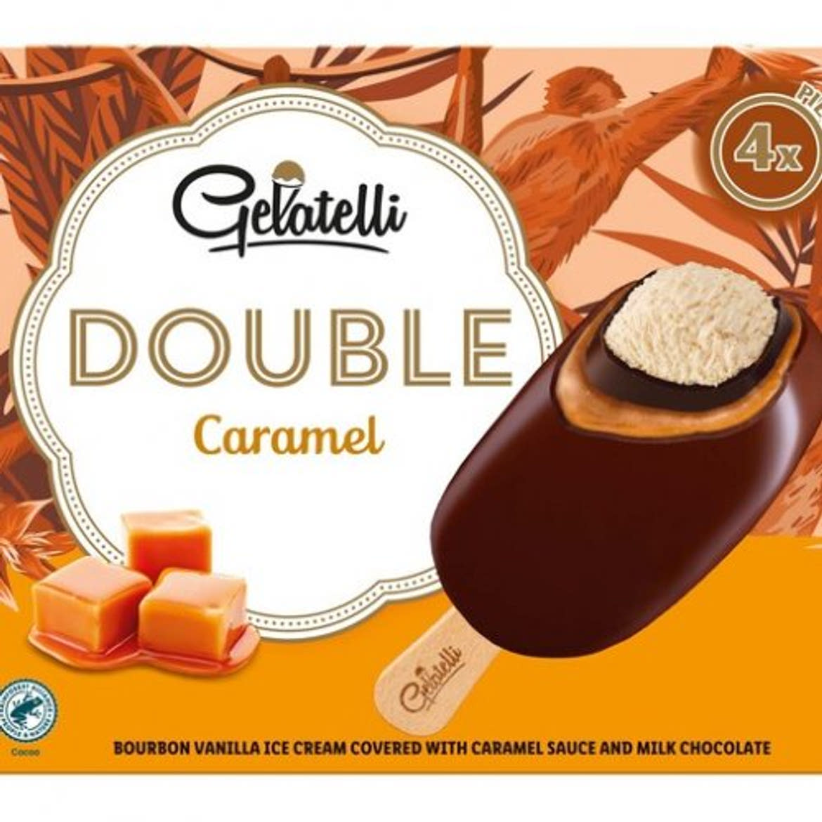 Gelatelli Dupla csokis jégkrém pálcikás karamellás 4x90 ml, 360 ml