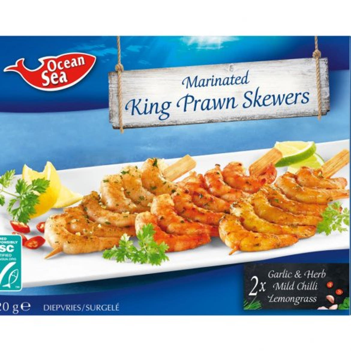 Ocean sea garnéla nyárs fokhagymás-zöldfűszeres, chillipaprikás, és citromfüves marináddal, fagyasztott, 320 g