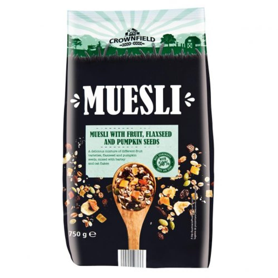 CROWNFIELD Müzli gyümölcsökkel, lenmaggal, tökmaggal, 750 g