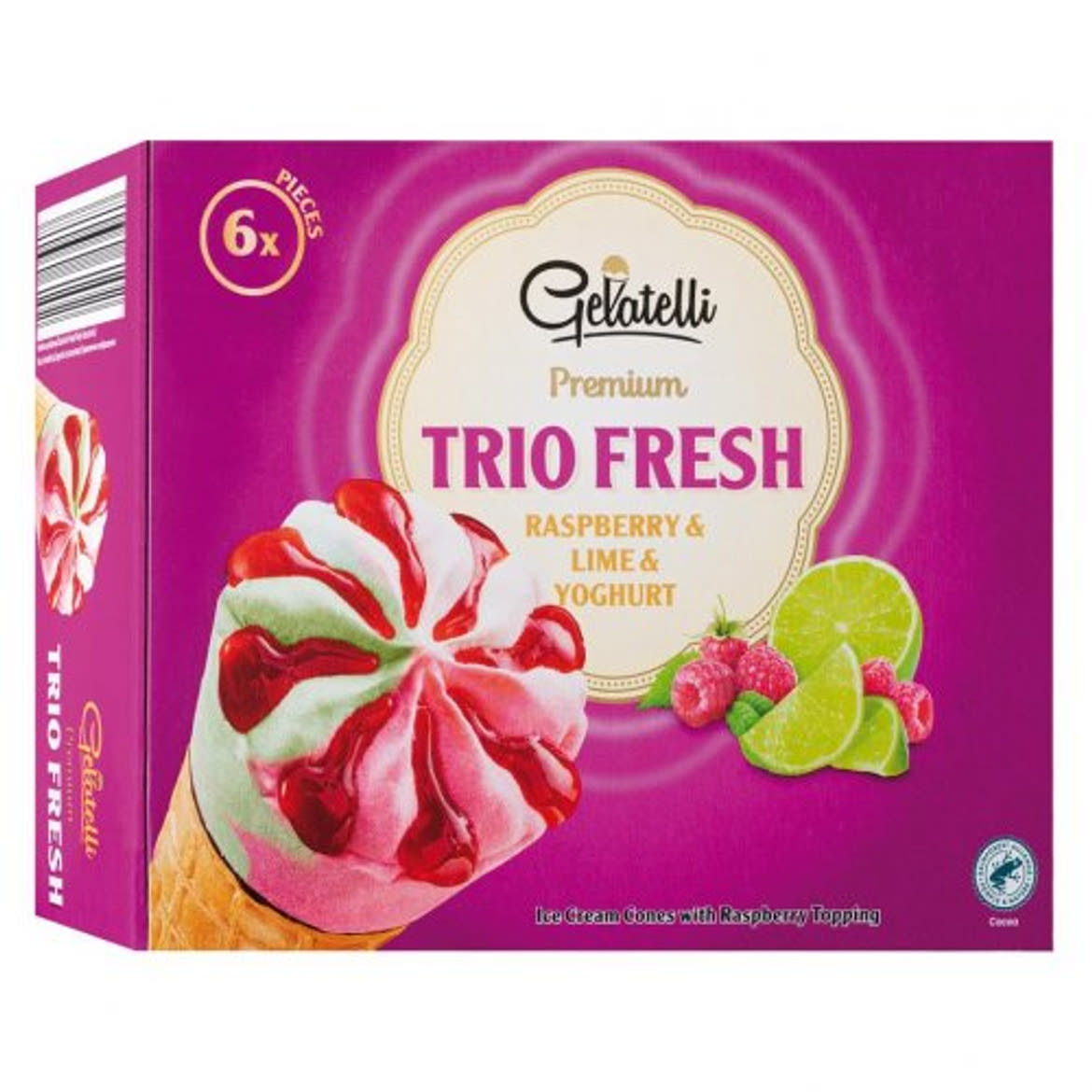 Gelatelli Trio Fresh málna - lime tölcséres jégkrém, 6 x 120 ml / 6 x 74 g