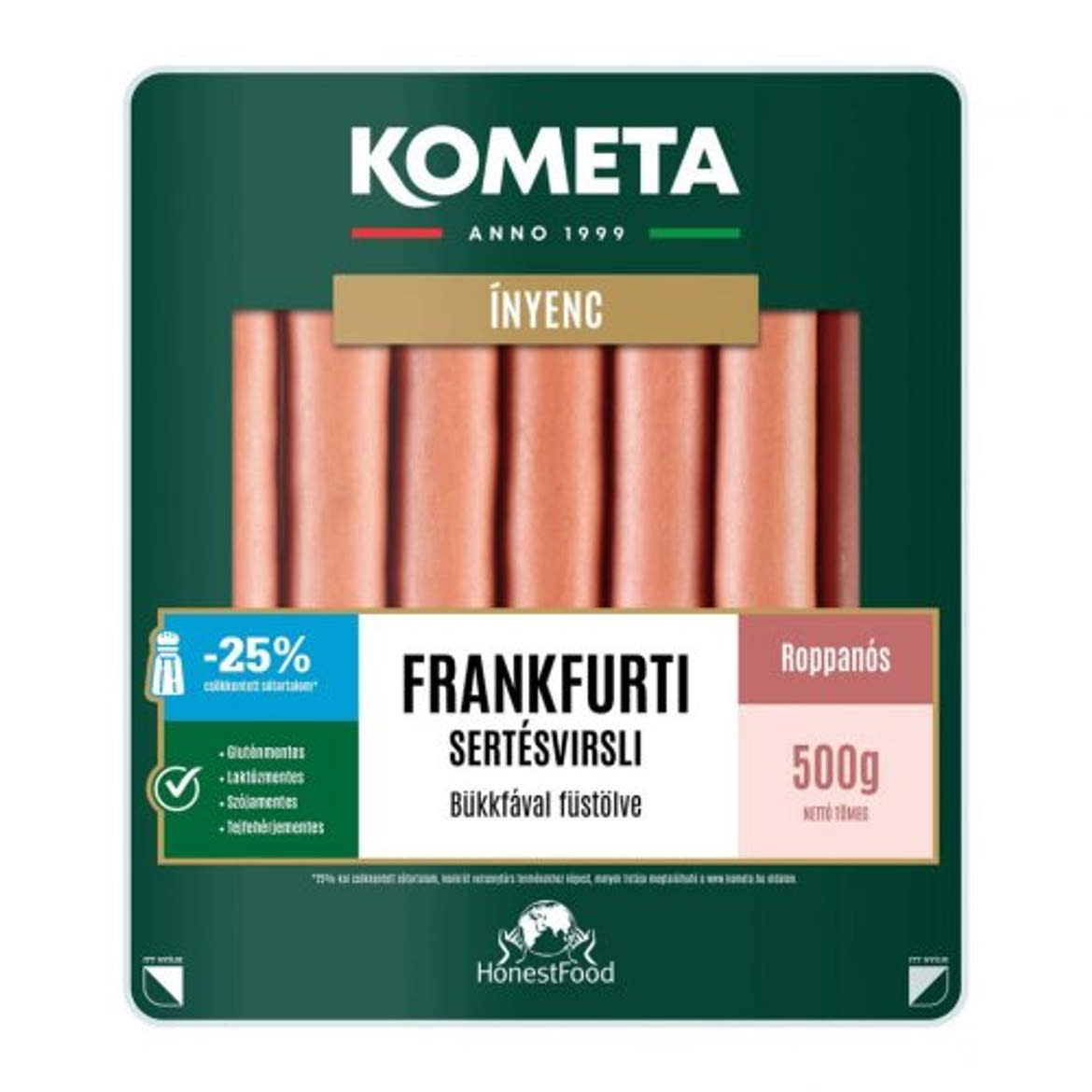 KOMETA Frankfurti sertésvirsli roppanós, glutén-,laktóz-,szója-,tejfehérjementes, 500 g