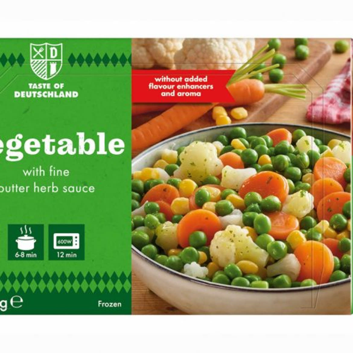 Taste of deutschland Vegyes zöldség - Sárgarépa, zöldborsó, karfiol és kukorica keveréke zöldfűszeres vajjal gyorsfagyasztott, 300 g