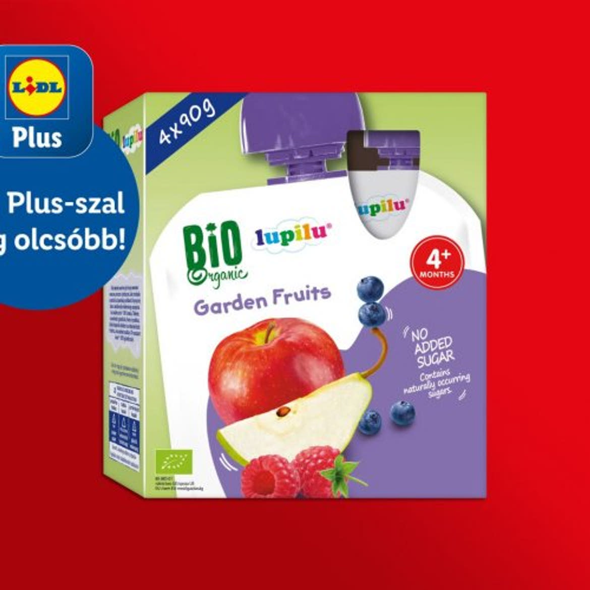 Lupilu Bio gyümölcspüré alma-körte-eper-fekete ribizli, 4 hónapos kortól 4x90 g, 360 g