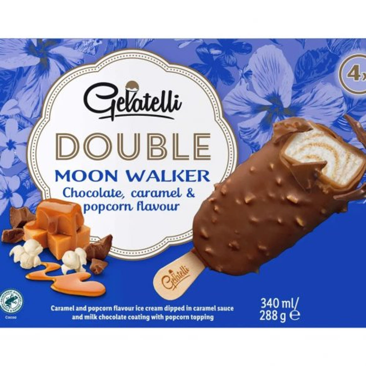 Gelatelli, Pálcikás jégkrém csokoládé-karamell-popcorn, gyorsfagyasztott, 4 x 85 g, 340 ml