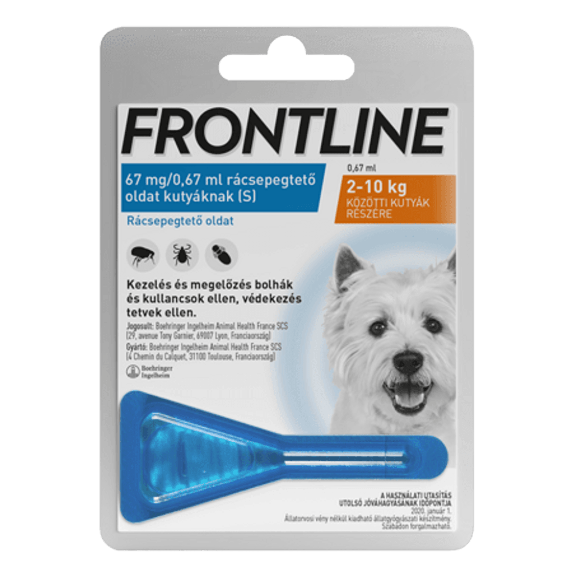 Frontline spot-on kullancs, bolha és tetvek ellen kutyáknak S 2-10kg