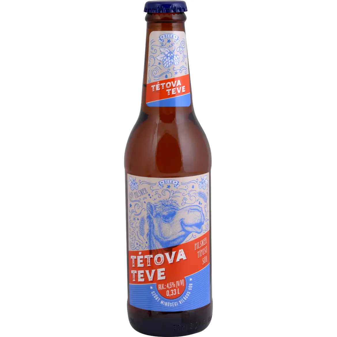 Auchan Nívó Tétova teve, Pilsner típusú, szűrt, világos, minőségi sör. Alk.: 4,5%
