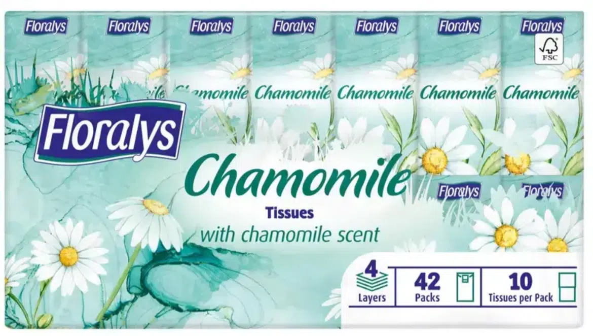 Floralys papírzsebkendő, 4 rétegű, kamilla illattal