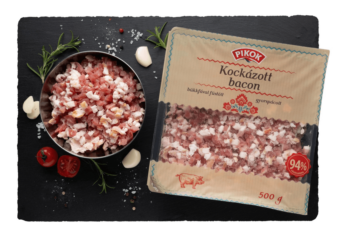 PIKOK Kockázott bacon bükkfával füstölt, sertés, füstölt 93,2% hústartalom, 500 g