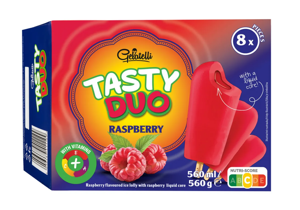 Gelatelli Tasty Duo pálcikás jégkrém töltelékkel, málnás szósszal 8x70 ml