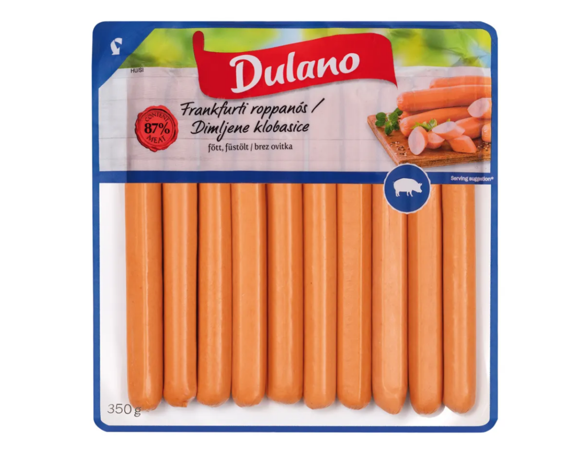 Dulano frankfurti roppanós, sertés, főtt, füstölt, 350 g
