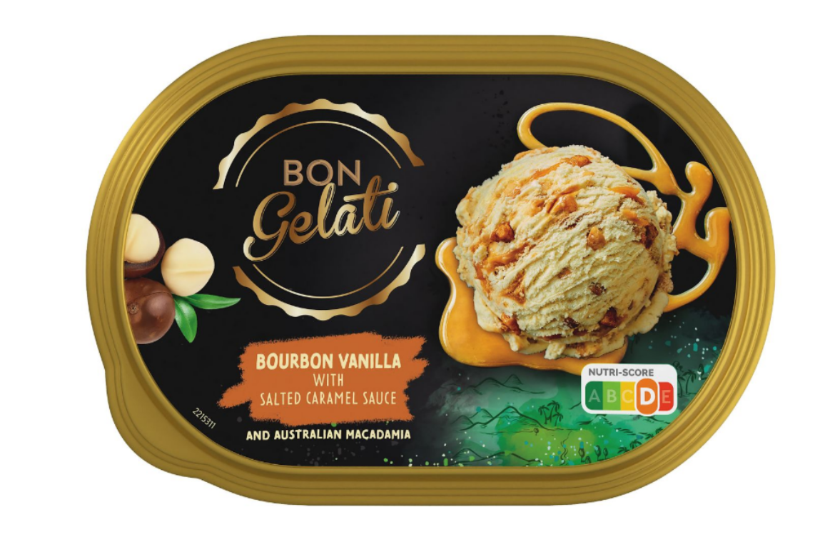 Bon Gelati Prémium jégkrém Bourbon-vaníliaízű tejes jégkrém karamellszósszal és makadámdióval