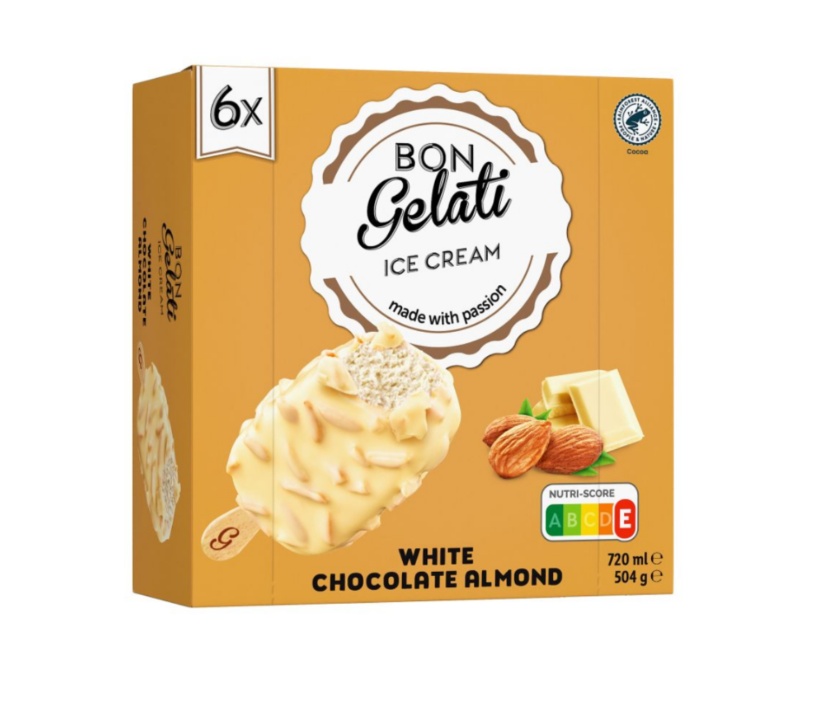 Bon Gelati Bourbonvanília-ízű, fehér csokoládéval bevonva, manduladarabokkal pálcikás jégkrém 6db