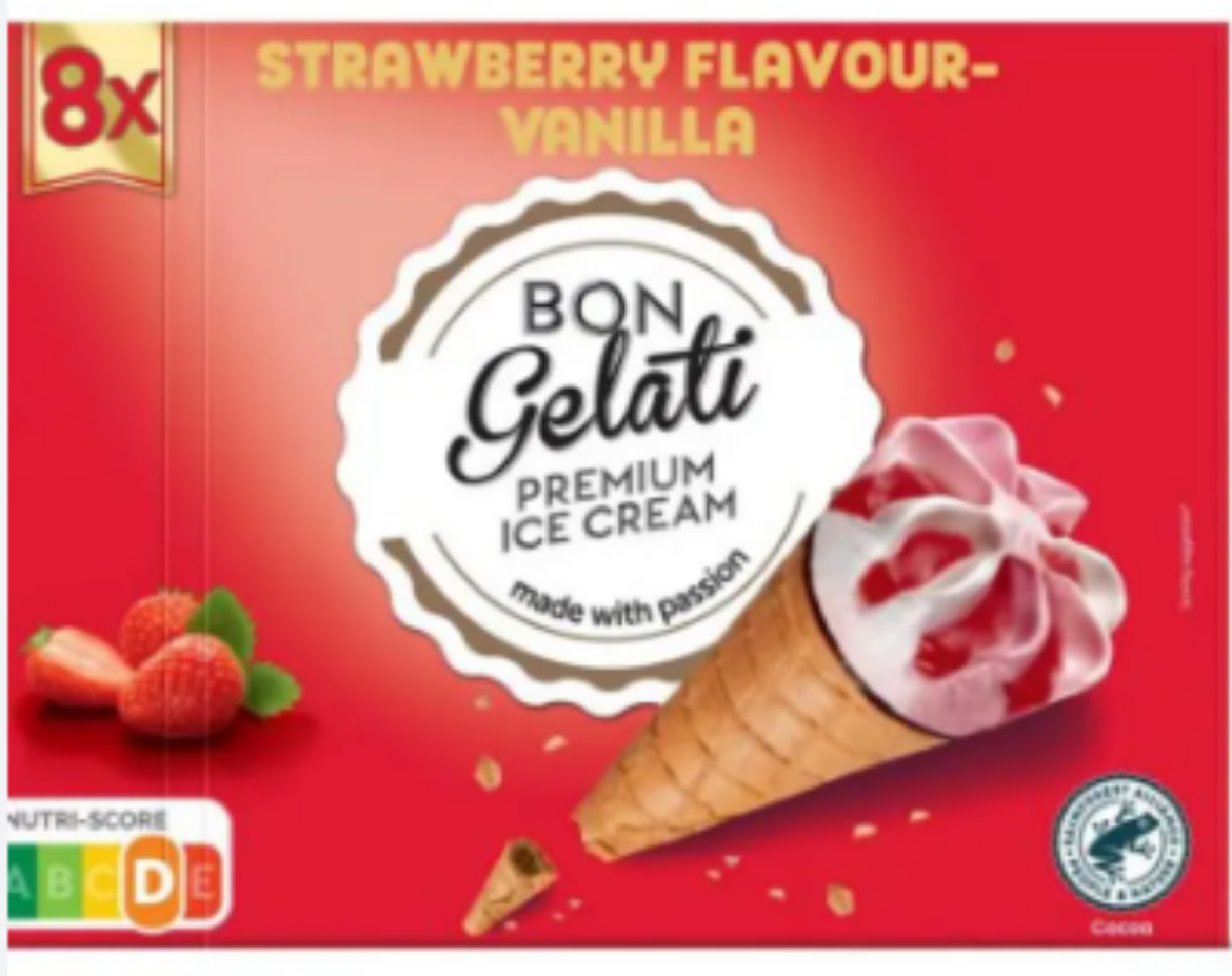 Gelatelli vaníliaízű jégkrém epres gyümölcsjégkrémmel bevonva, 294 g / 360 ml
