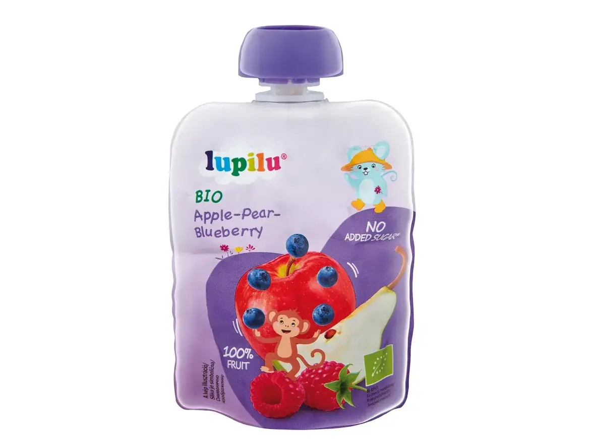 Lupilu Bio gyümölcspüré alma-körte-eper-feketeribizli, pasztőrözött 5 hónapos kortól