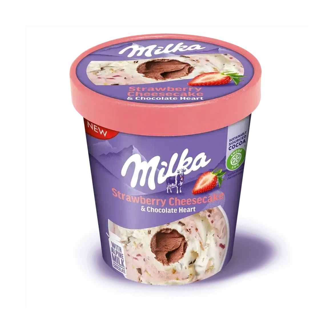 Milka strawberry cheesecake sajttorta ízű jégkrém eperkészítménnyel, 480 ml / 338 g
