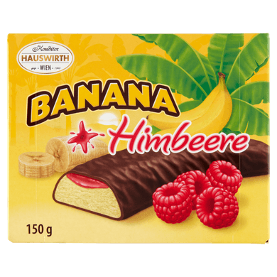 HW Bananen desszert tölt. banán ízű habzselé csokiba mártva málna