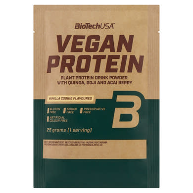 BioTechUSA Vegan Protein cukormentes vaníliás sütemény ízű fehérje italpor édesítőszerekkel 25 g