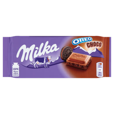 Milka Oreo Choco alpesi tejcsokoládé kakaós krémtöltelékkel és kakaós kekszdarabokkal