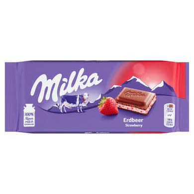 Milka alpesi tejcsokoládé eperízű krémmel töltve