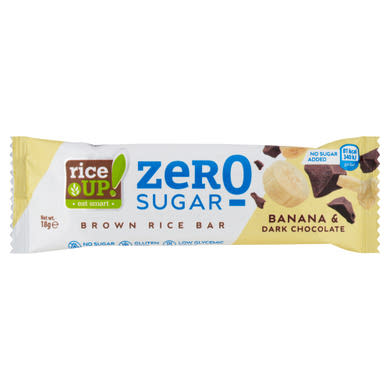 RiceUp! Zero Sugar puffasztott teljes kiőrlésű barna rizsszelet banános ízű étcsokoládéval