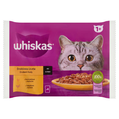 Whiskas 1+ Baromfi Lakomák teljes értékű nedves eledel felnőtt macskáknak 4 x 85g (340 g)