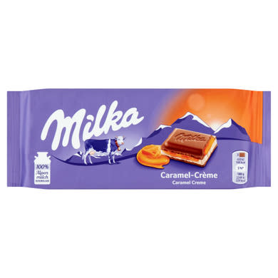 Milka alpesi tejcsokoládé karamellízű tejszínes töltelékkel és karamellával