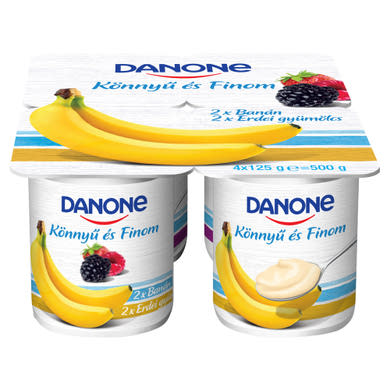 Danone Könnyű és Finom banánízű és erdei gyümölcsízű, élőflórás, zsírszegény joghurt 4 x 125 g