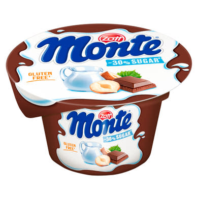 Zott Monte csokoládés, mogyorós tejdesszert -30% cukorral