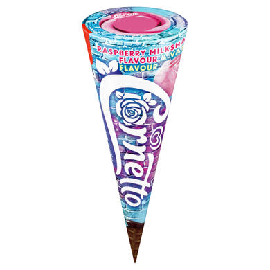 Cornetto málnás tejshake ízű és vanília ízű jégkrém kakaós bevonatú kakaós ostyatölcsérben