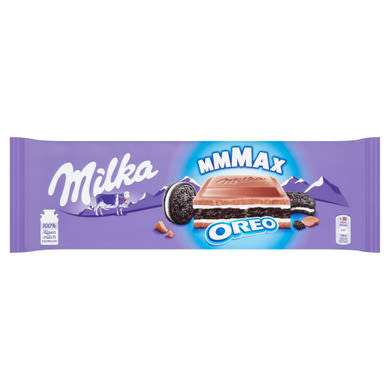Milka Mmmax Oreo alpesi tejcsokoládé vanília ízű tejes krémtöltelékkel és kakaós keksszel