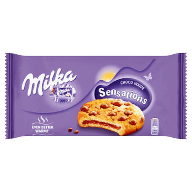 Milka Sensations keksz alpesi tejcsokoládé darabokkal és tejcsokoládés töltelékkel