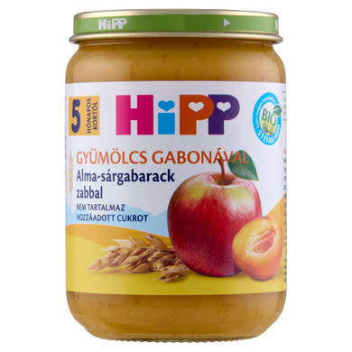 HiPP Gyümölcs Gabonával BIO alma-sárgabarack zabbal bébidesszert 5 hónapos kortól