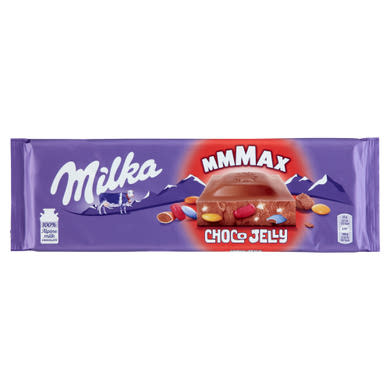 Milka Mmmax alpesi tejcsokoládé meggyes zselédarabkákkal, cukordrazséval és robbanócukorkával