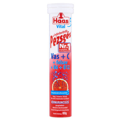 Haas Vital Vas + C + folsav + B6 + B12 vérnarancsízű étrend-kiegészítő pezsgőtabletta