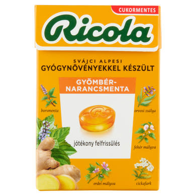 Ricola svájci alpesi gyógynövényekkel készült cukormentes gyömbér-narancsmenta cukorkák