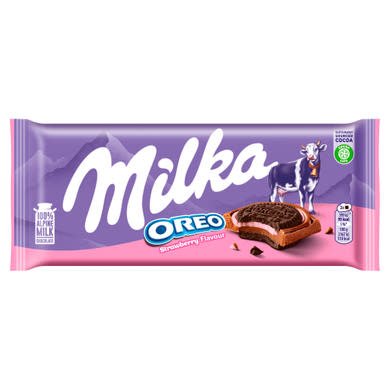 Milka Oreo kakaós keksz eperízű krémtöltelékkel alpesi tejcsokoládén
