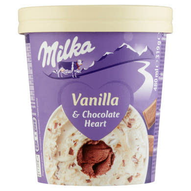 Milka vanília jégkrém tejcsokoládé darabokkal és tejcsokoládé öntettel 480 ml