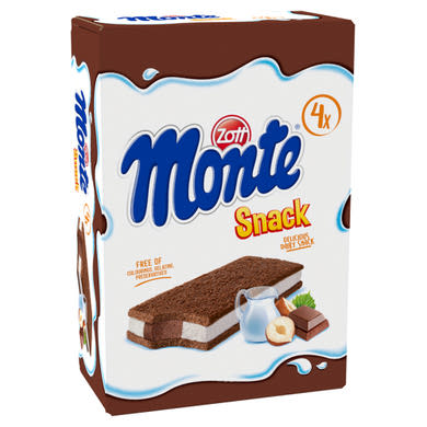 Zott Monte Snack tejes, csokoládés-mogyorós krémmel töltött sütemény 4 x  (116 g)
