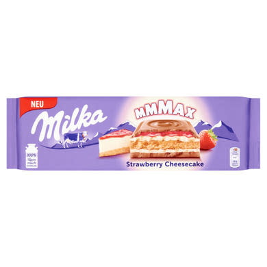 Milka alpesi tejcsokoládé sajttortaízű krémtöltelékkel, epres töltelékkel és keksszel