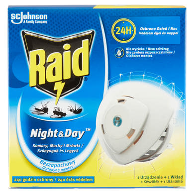 Raid Night & Day 24 órás szúnyog- és légyirtó korong készülék utántöltővel 2,25 g