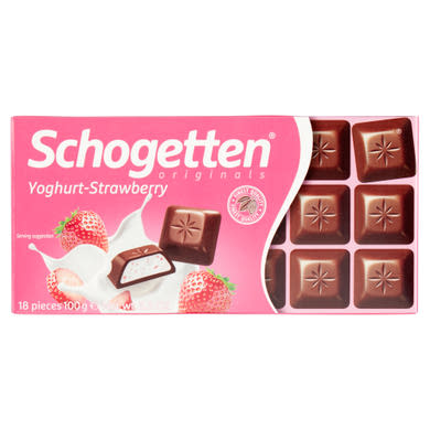 Schogetten joghurt és eper ízesítésű krémmel töltött tejcsokoládé
