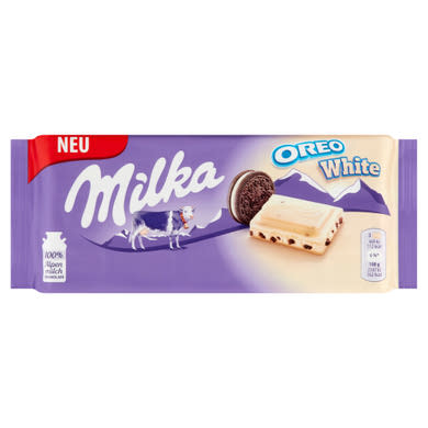 Milka Oreo White fehér csokoládé vaníliaízű, tejes krémtöltelékkel és kakaós kekszdarabokkal