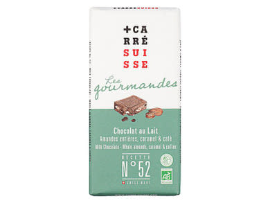 Carré Suisse bio tejcsokoládé egész mandulával, karamellával és kávéval No52