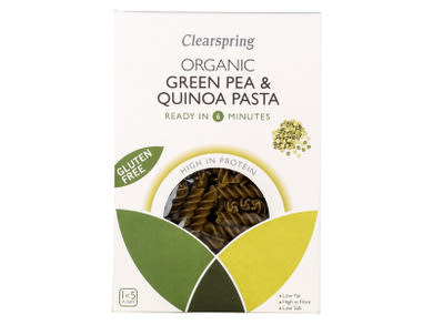 Clearspring Bio gluténmentes fusilli tészta zöldborsó- és quinoa lisztből
