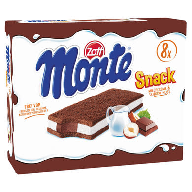 Zott Monte Snack tejes, csokoládés-mogyorós krémmel töltött sütemény 8 x  (232 g)